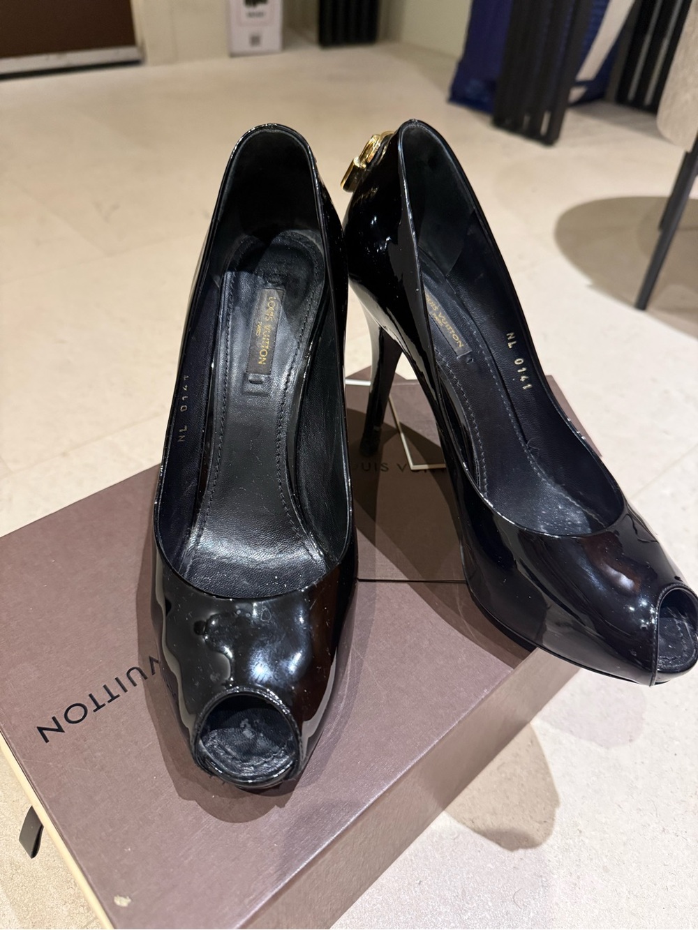 Louis Vuitton Black Patent Peep-Toe Stiletto Heels with Gold Accent